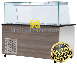 Kalte Verkaufstheke / Salattheke mit schwarzem Granit und Holzverkleidung - 150cm breit